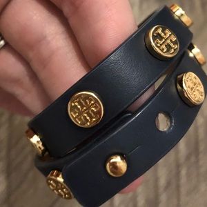 Navy Blue Tory Burch Wrap Bracelet Gold Logo
